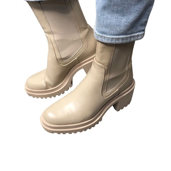 Zara Platform Chunky Mid-Calf Boots 40 Cream/Beige Chelsea Combat Vegan Leather - Picture 3 of 13